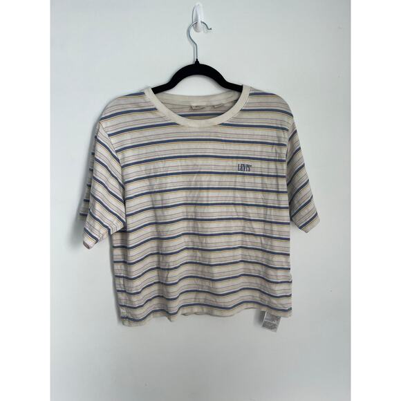 Levis Striped T Shirt Women S Cream Blue Yellow Cotton Casual - Picture 1 of 8